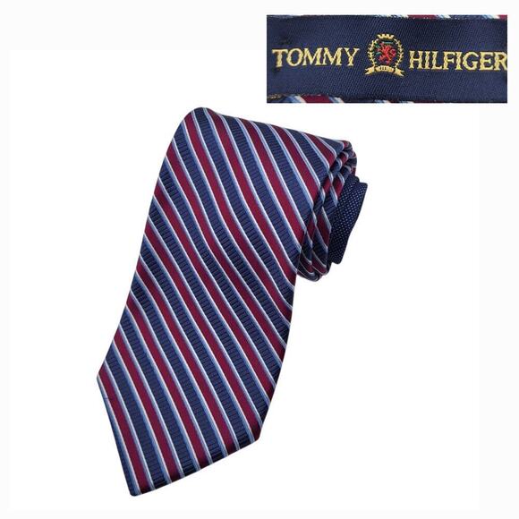 Vintage Tommy Hilfiger 100% Silk Repp Tie Striped Blue Red USA Classic 90s Retro - Picture 1 of 12